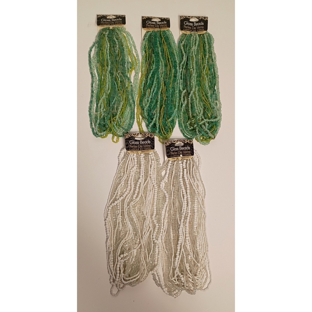 5 Packs Glass Seed Bead Strands, Green and White